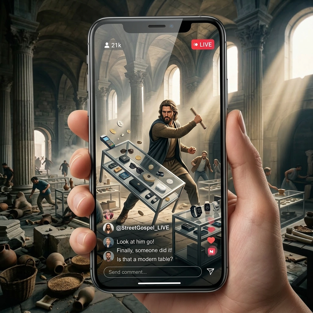 Modern Jesus flipping tables seen through smartphone