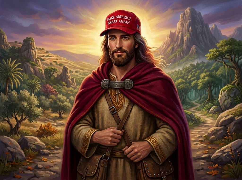 Medieval man with long hair and beard wearing a red Make America Great Again hat and burgundy cloak in front of a castle and crowd