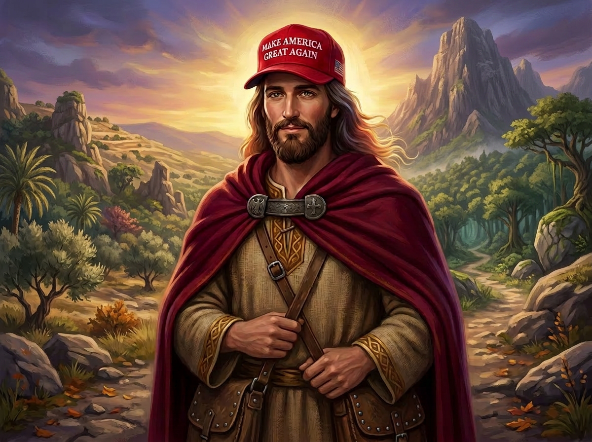 Medieval man with long hair and beard wearing a red Make America Great Again hat and burgundy cloak in front of a castle and crowd