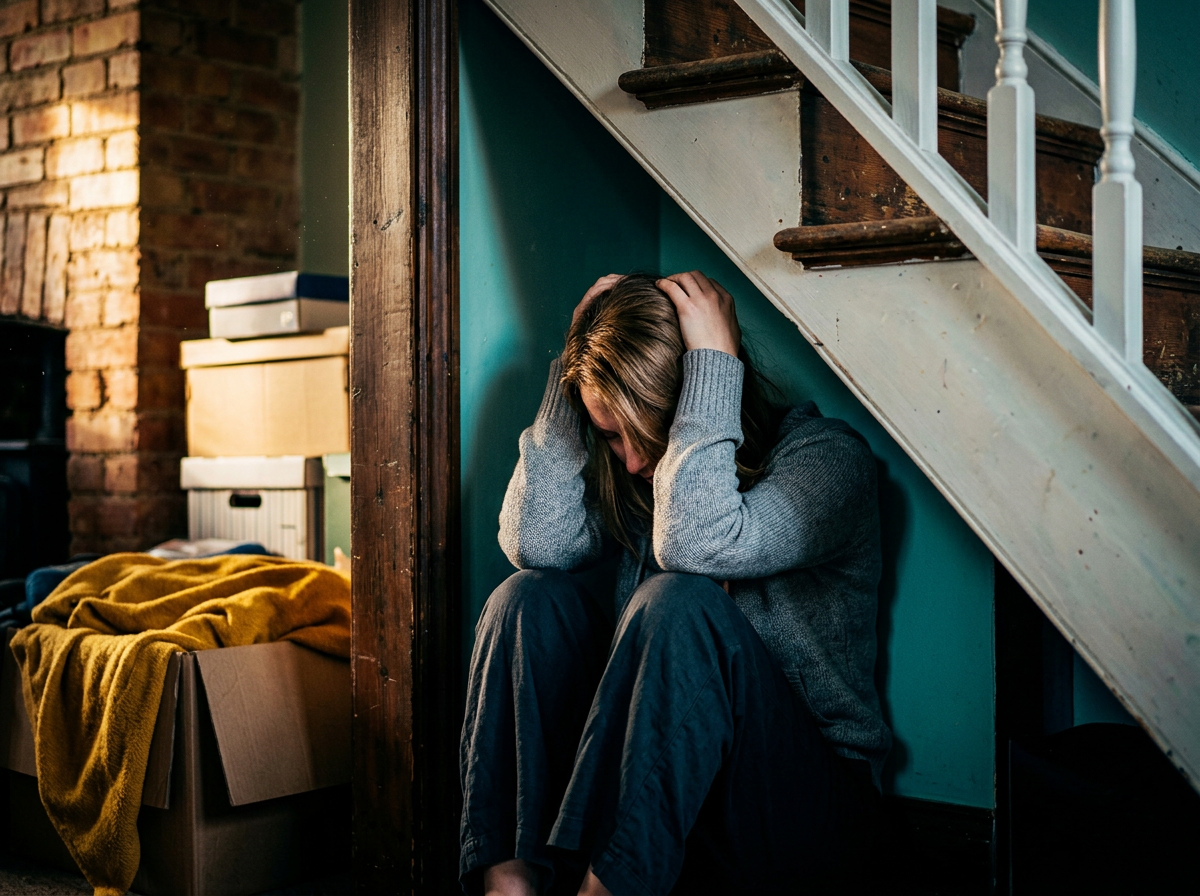 Person sitting under a staircase with head in hands among moving boxes