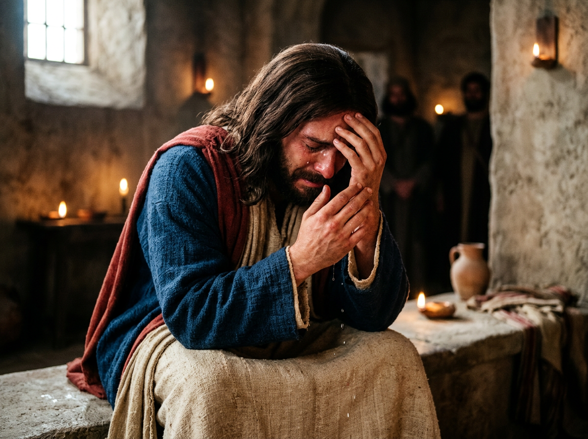 Bearded man in biblical clothing sits tearfully with his head in his hands