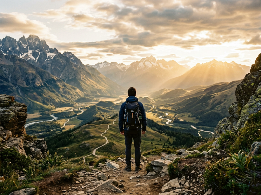 Hiker with backpack overlooking a winding alpine valley and snow-capped mountains