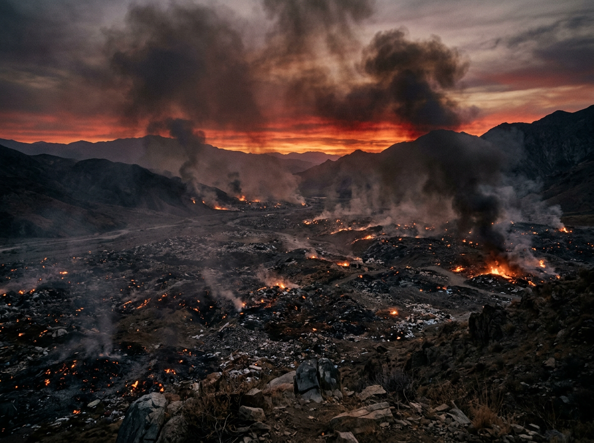 Lava glowing across a smoky volcanic valley at sunset