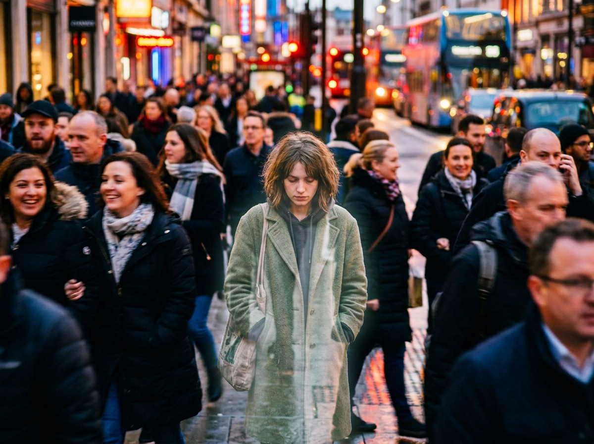 Person in green coat walking through a crowded city street