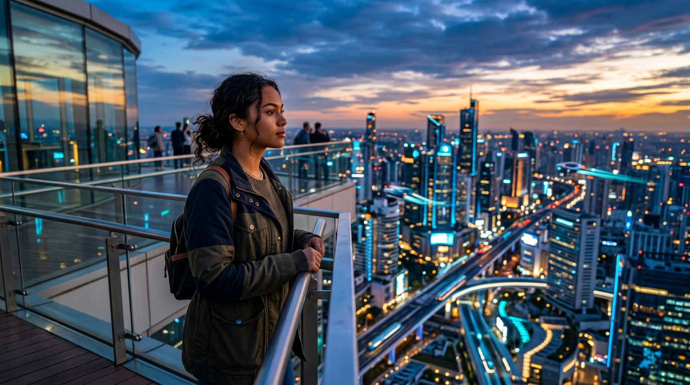 Traveler viewing a brightly lit city skyline from a rooftop observation deck