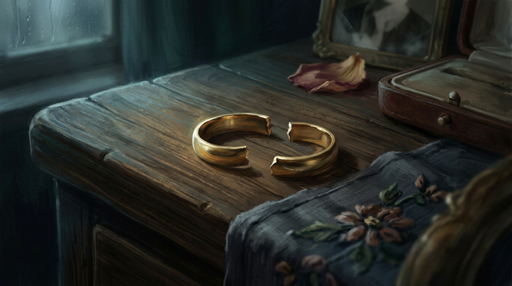 Broken gold bracelet on a wooden table beside a fallen flower petal