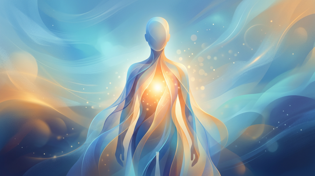 Abstract human figure with glowing heart surrounded by blue and gold waves