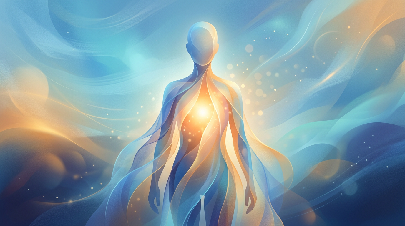 Abstract human figure with glowing heart surrounded by blue and gold waves