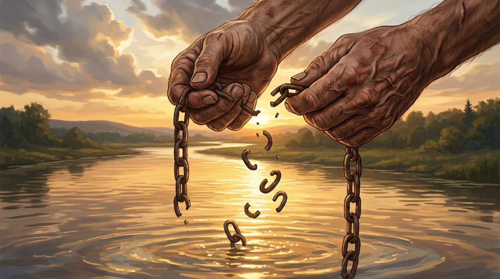 Two hands breaking a chain above a sunset-lit river
