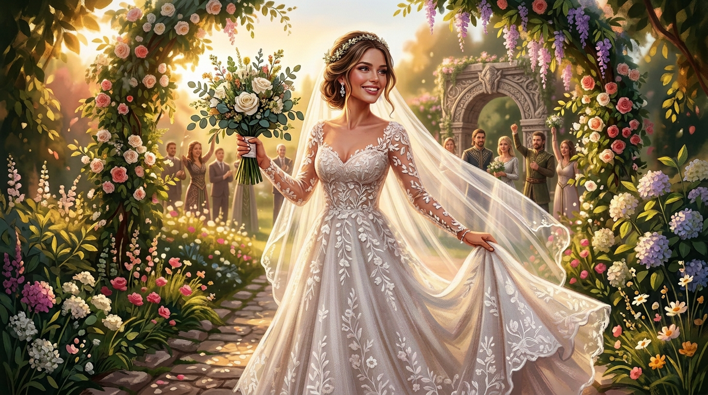 Smiling bride in a lace wedding gown holding a bouquet in a flower-filled garden