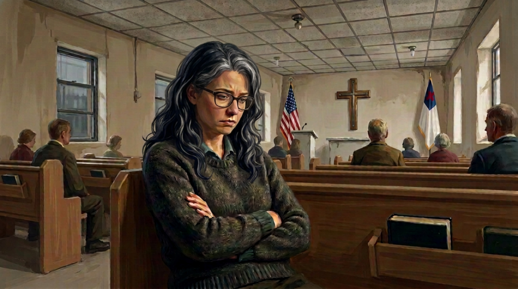 Worried woman sitting with folded arms inside a church