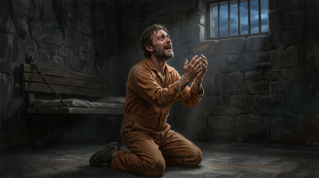 Kneeling prisoner reaching upward inside a dark stone cell