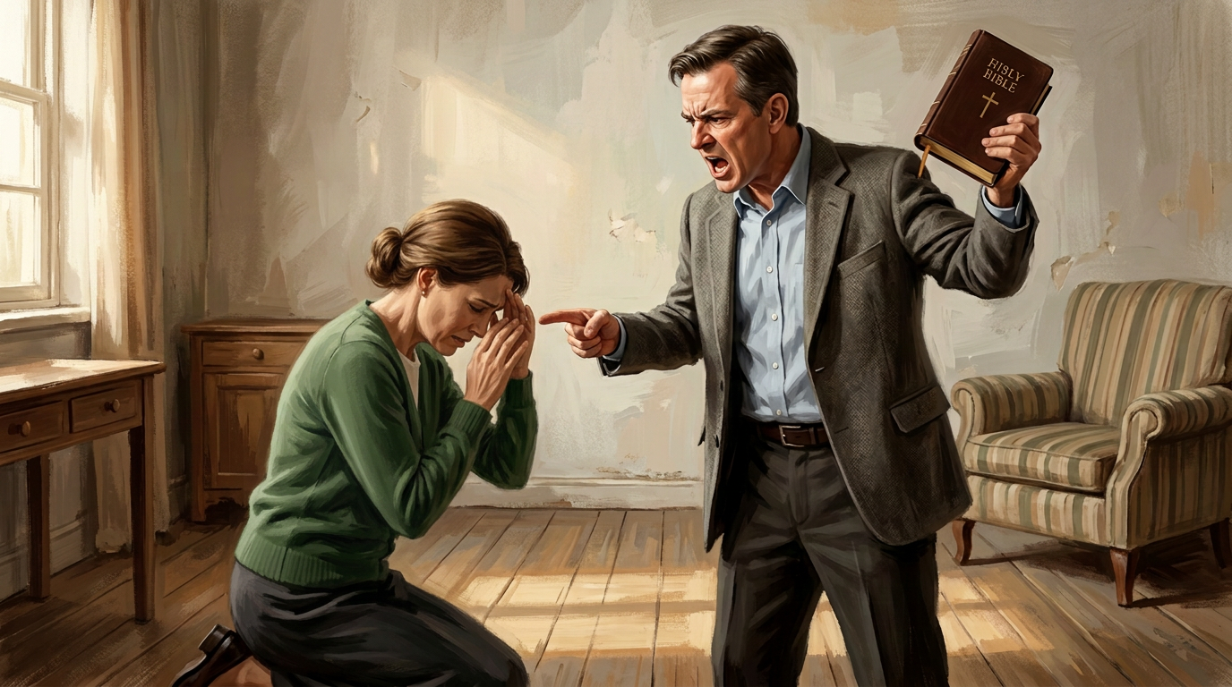 Kneeling woman faces angry man holding a book labeled “BIBLY BIBLE.”