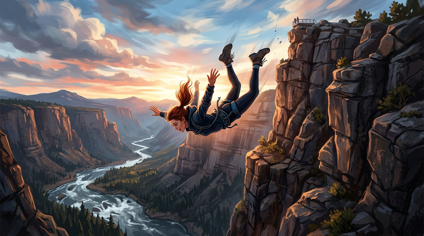 Wingsuit flyer soaring between cliffs above a winding mountain river