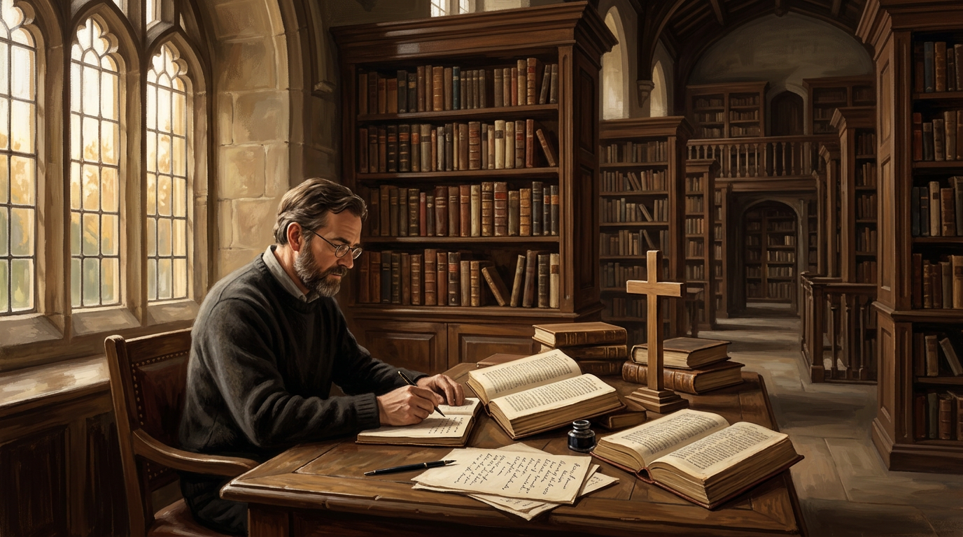 Scholar writing at a desk surrounded by books and a wooden cross