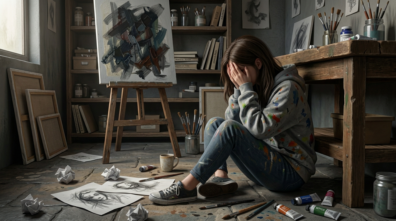 Artist sitting on studio floor with face covered beside unfinished sketches